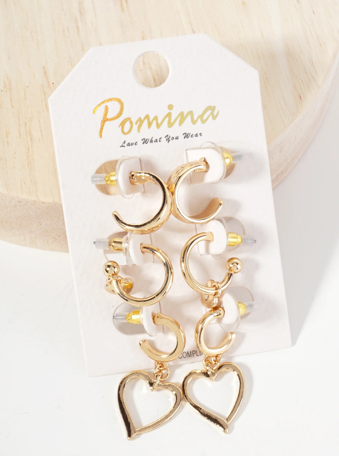 3PC-Set Polished Metal 12-15mm Heart Drop Hoop Earrings