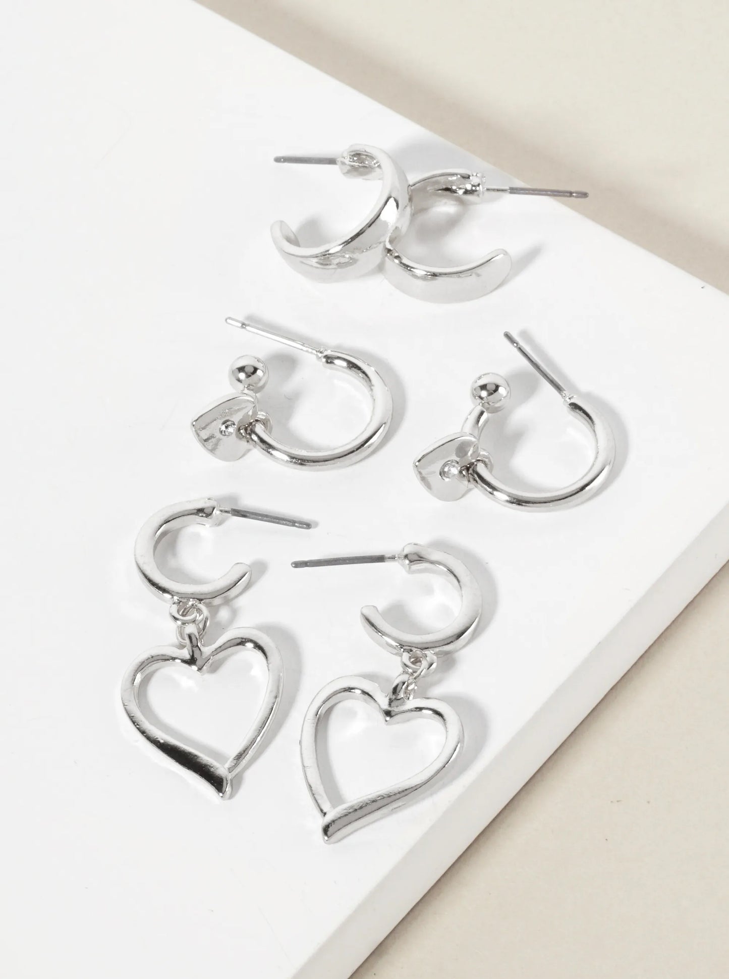 3PC-Set Polished Metal 12-15mm Heart Drop Hoop Earrings