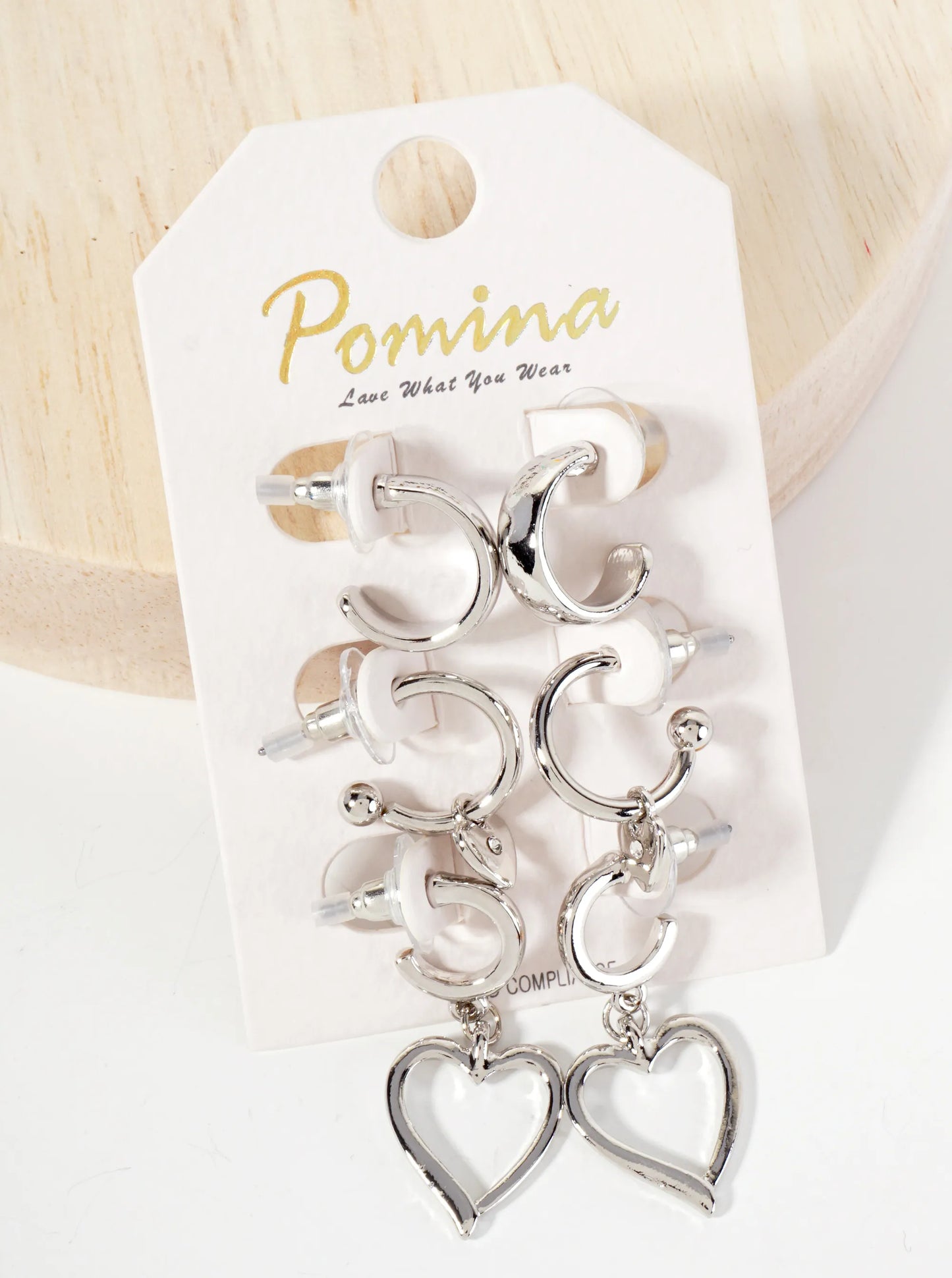 3PC-Set Polished Metal 12-15mm Heart Drop Hoop Earrings