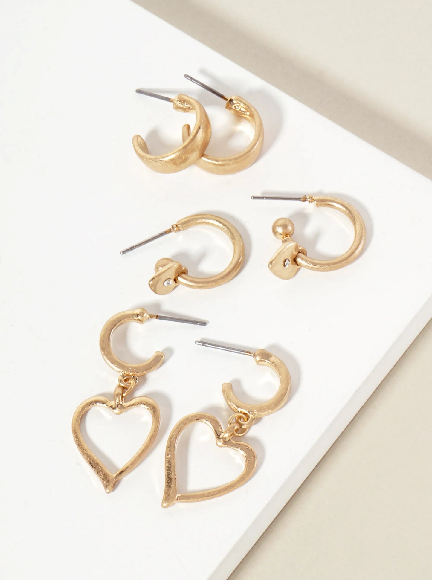 3PC-Set Polished Metal 12-15mm Heart Drop Hoop Earrings