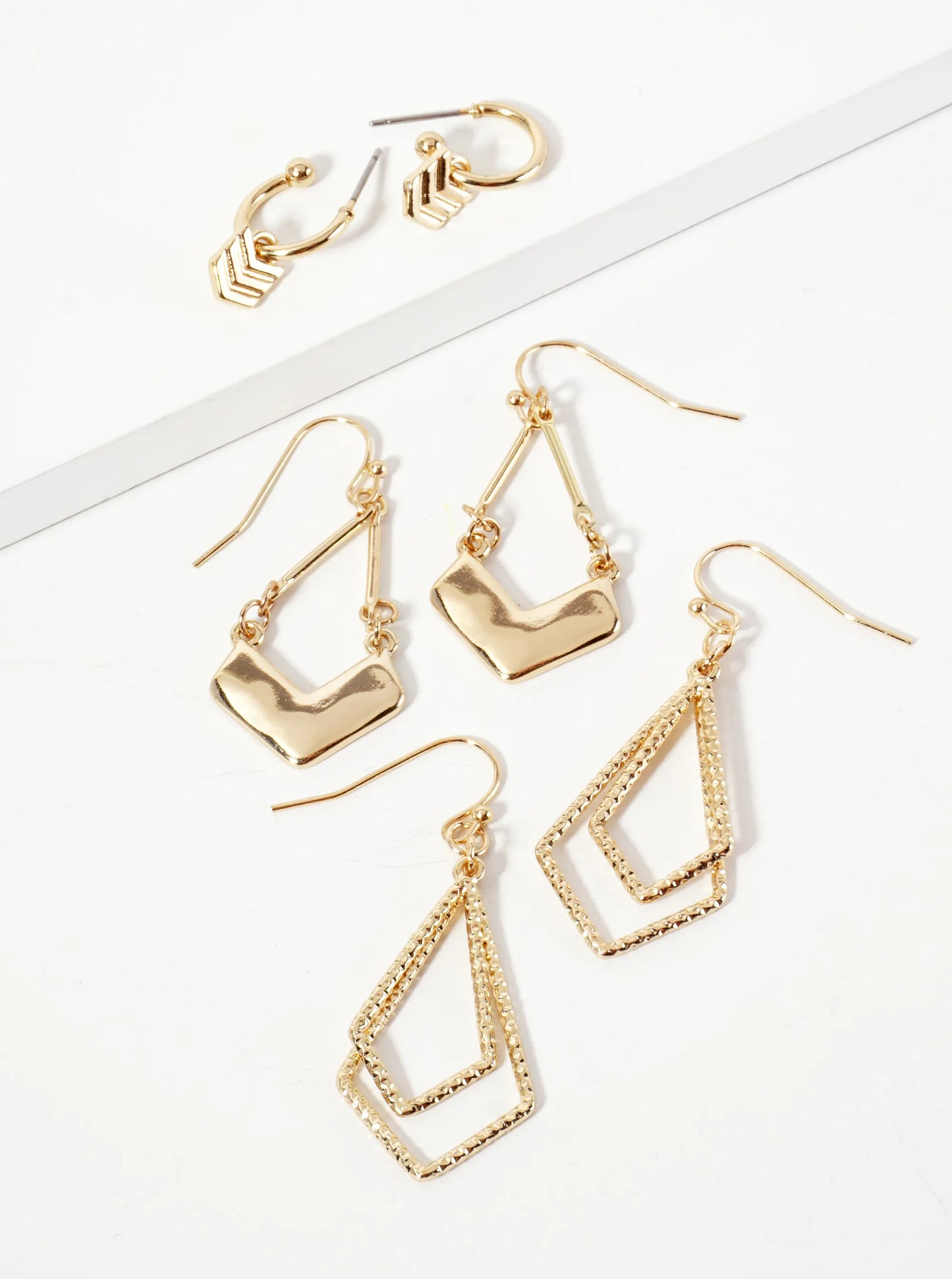 3PC-Set Polished Metal Chevron Dangle Hoop Earrings