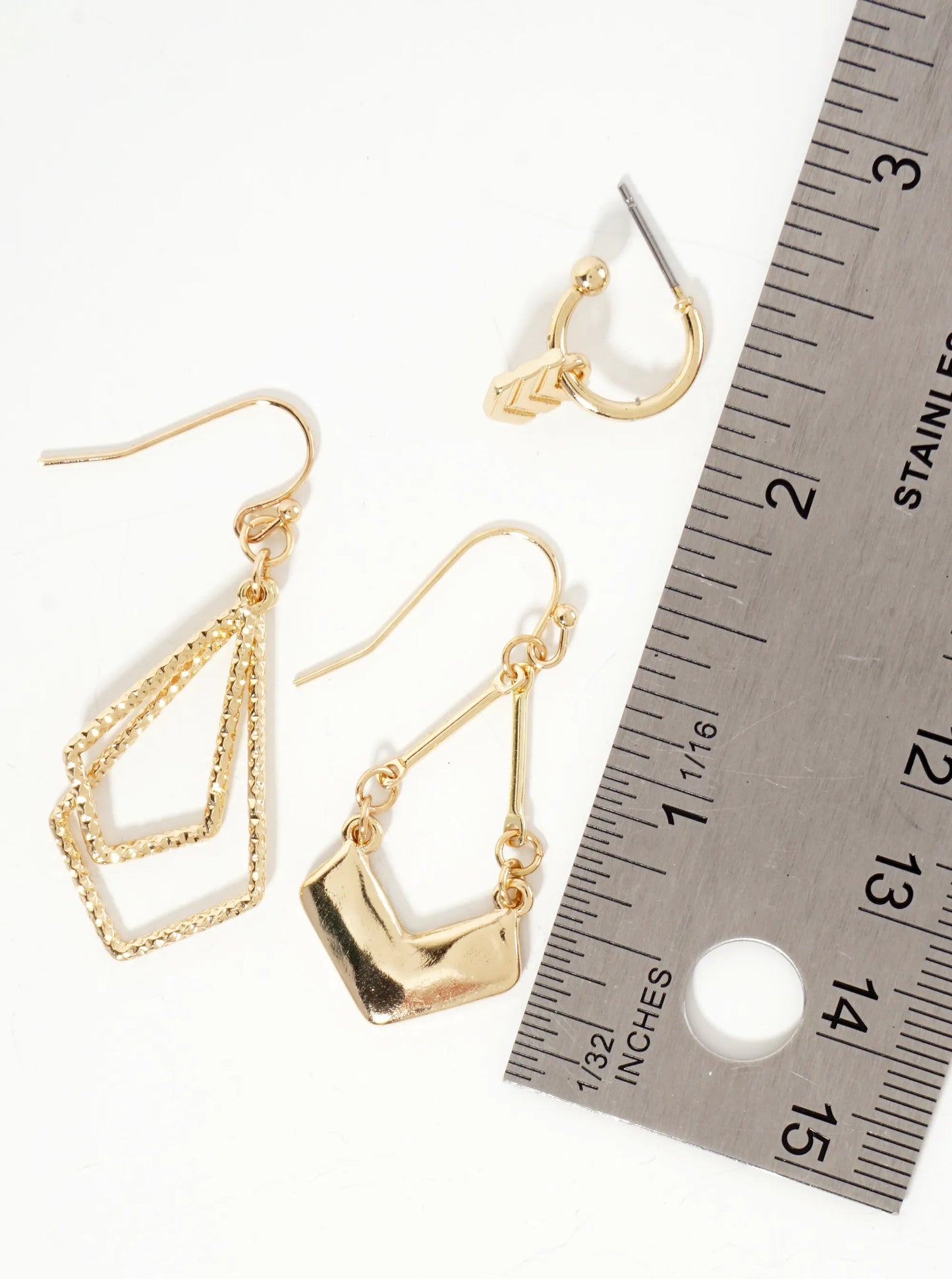 3PC-Set Polished Metal Chevron Dangle Hoop Earrings