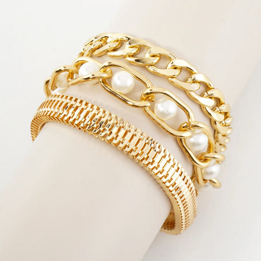 3PC-Set Polished Metal Pearl-Beaded Chain Bracelet