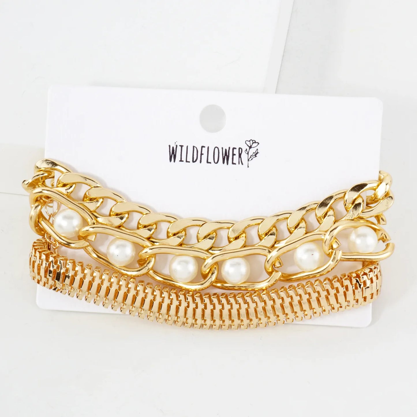 3PC-Set Polished Metal Pearl-Beaded Chain Bracelet