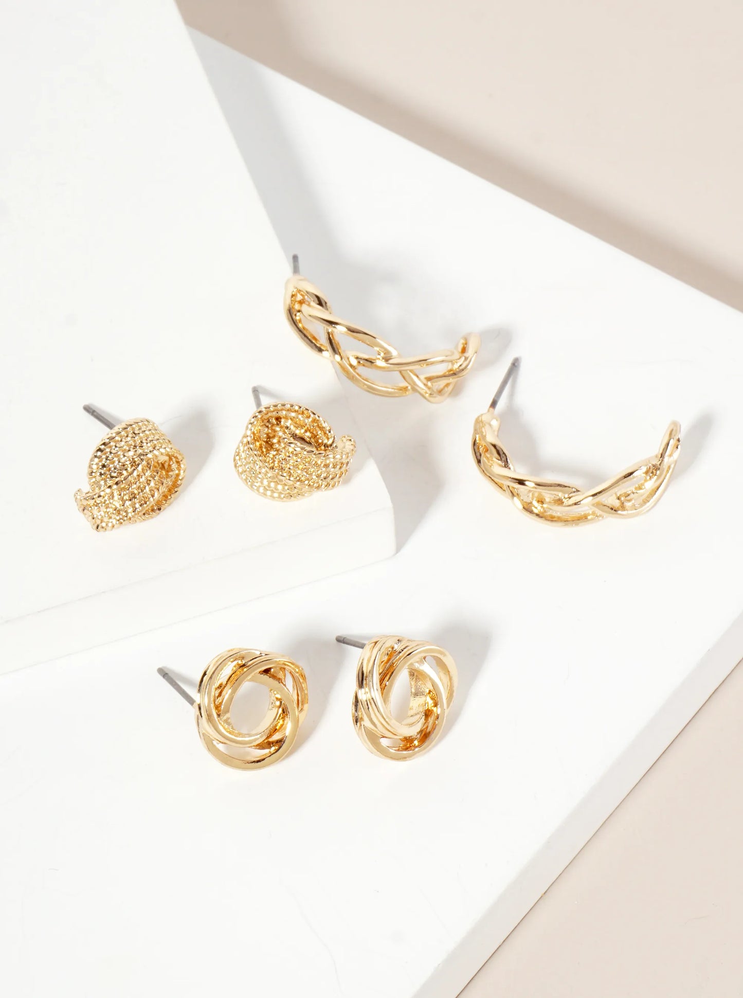 3PC-Set Polished Metal Textured Love-Knot 20mm Hoop Earrings
