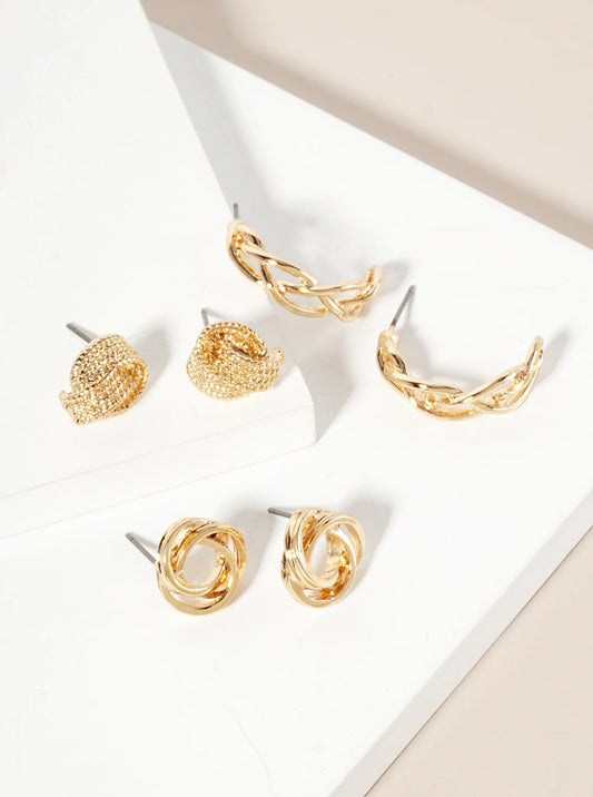 3PC-Set Polished Metal Textured Love-Knot 20mm Hoop Earrings