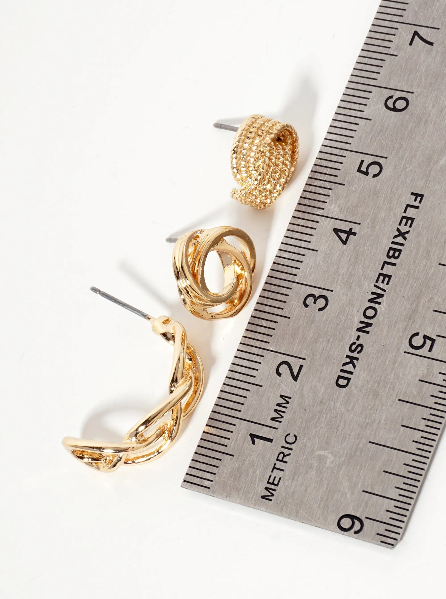 3PC-Set Polished Metal Textured Love-Knot 20mm Hoop Earrings