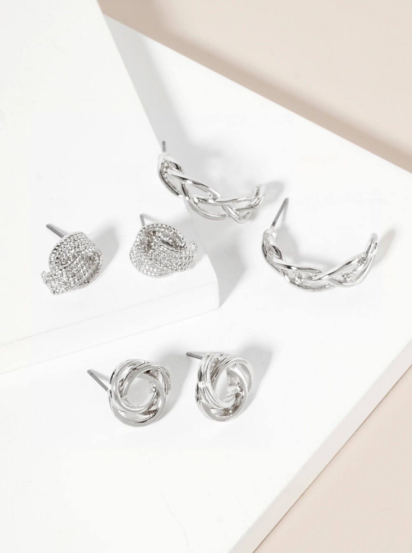 3PC-Set Polished Metal Textured Love-Knot 20mm Hoop Earrings
