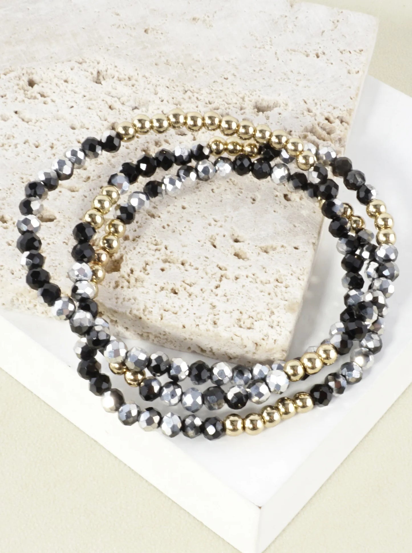 3PC-Set Round Metallic Glass Beads Bracelets