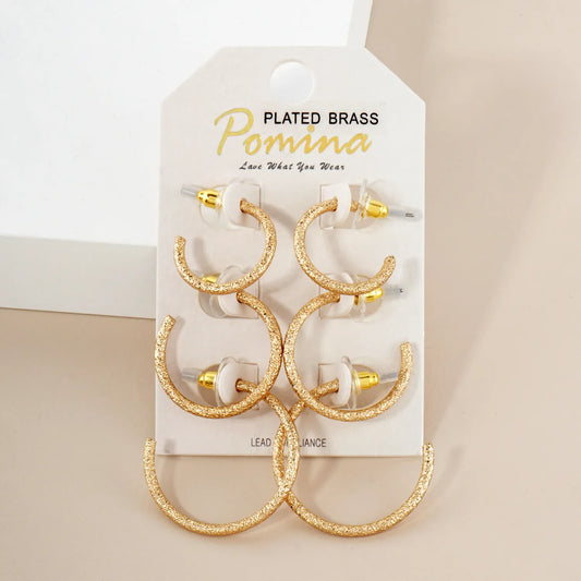 3PC-Set Sand-Texture 20-25-30mm Brass Push-Back Hoop Earrings