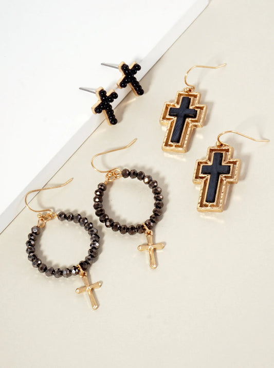 3PC-Set Semi-Precious Natural-Stone & Glass-Bead Cross Design Dangle Stud Earrings