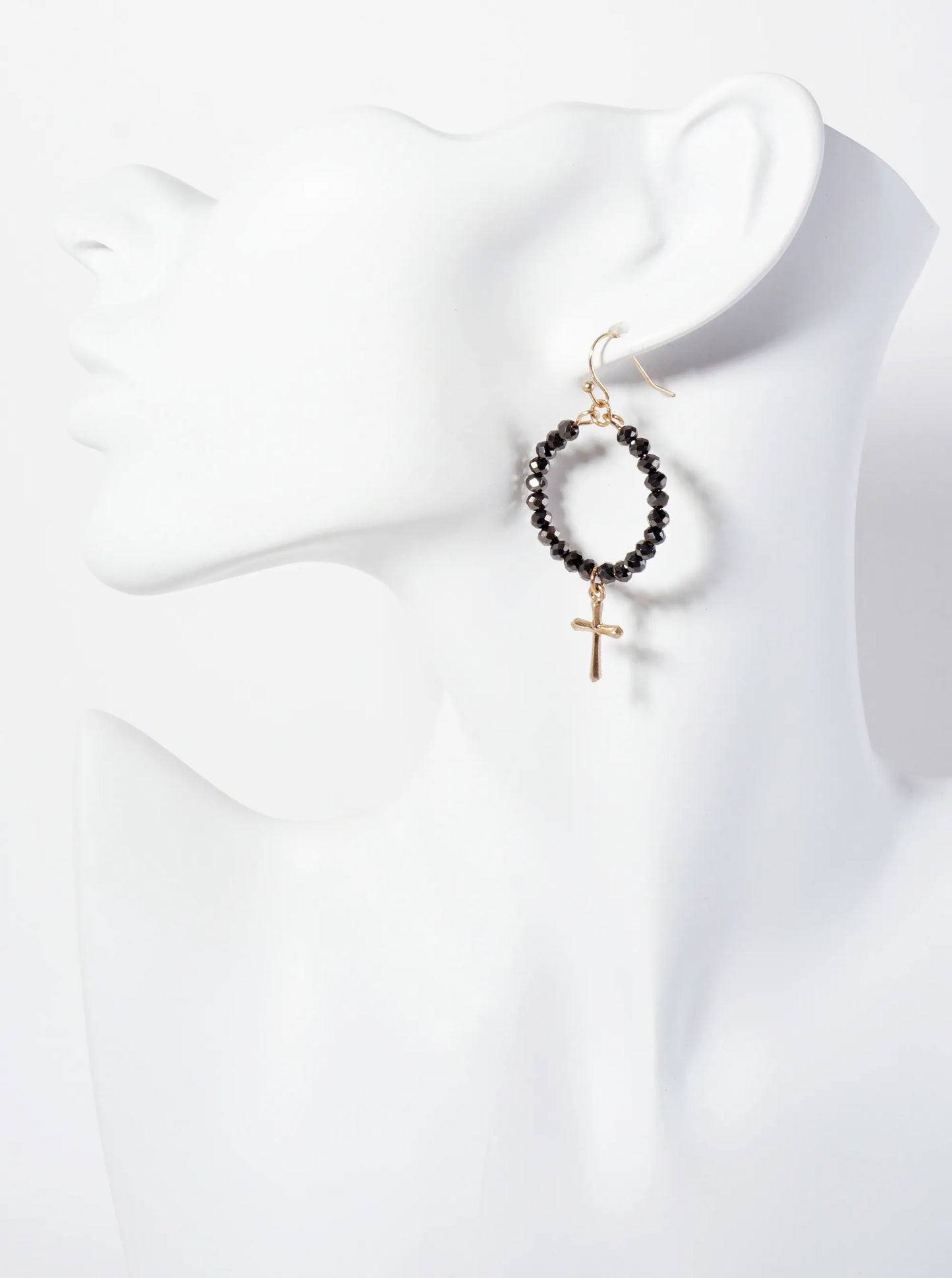 3PC-Set Semi-Precious Natural-Stone & Glass-Bead Cross Design Dangle Stud Earrings