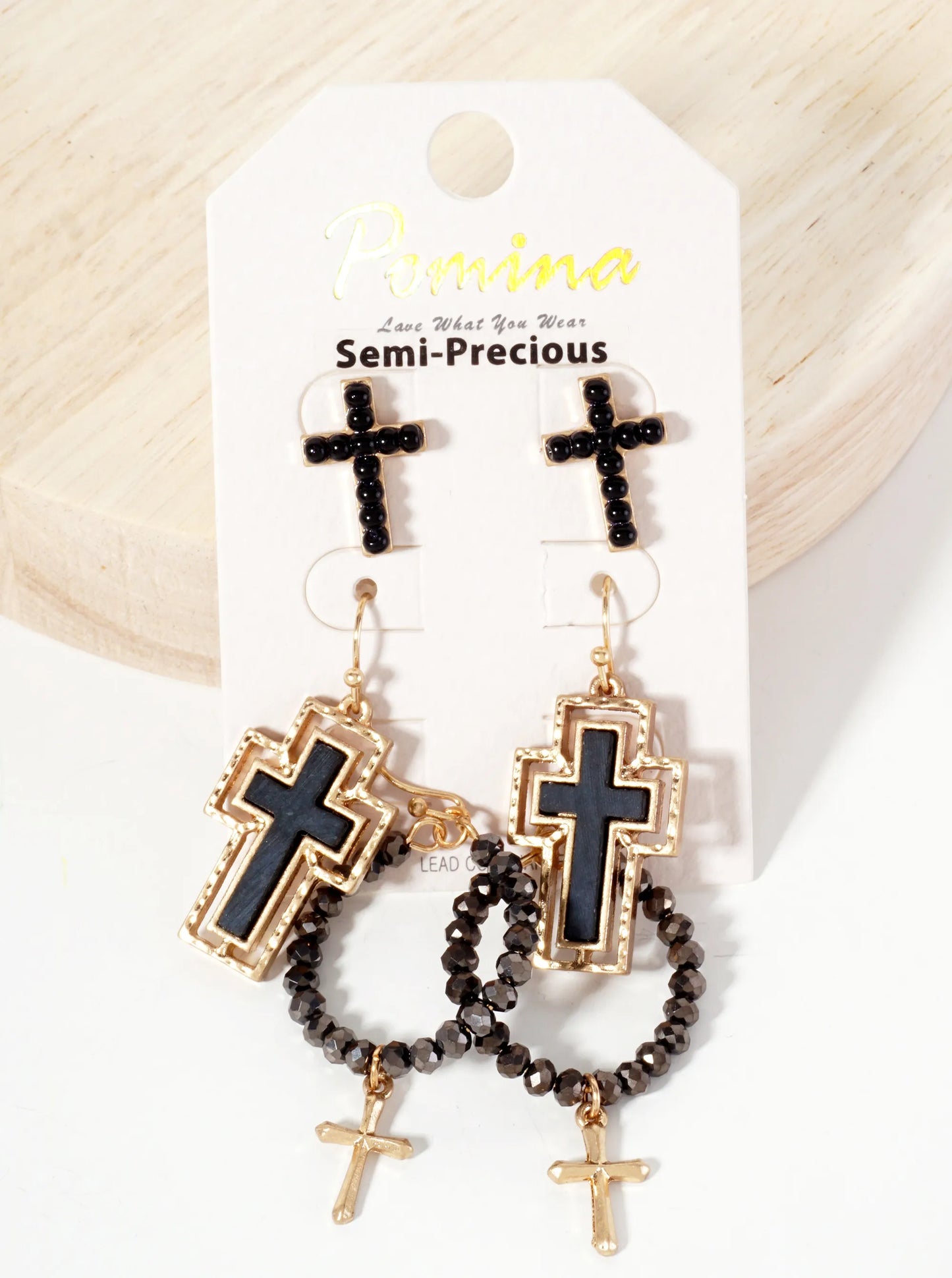 3PC-Set Semi-Precious Natural-Stone & Glass-Bead Cross Design Dangle Stud Earrings