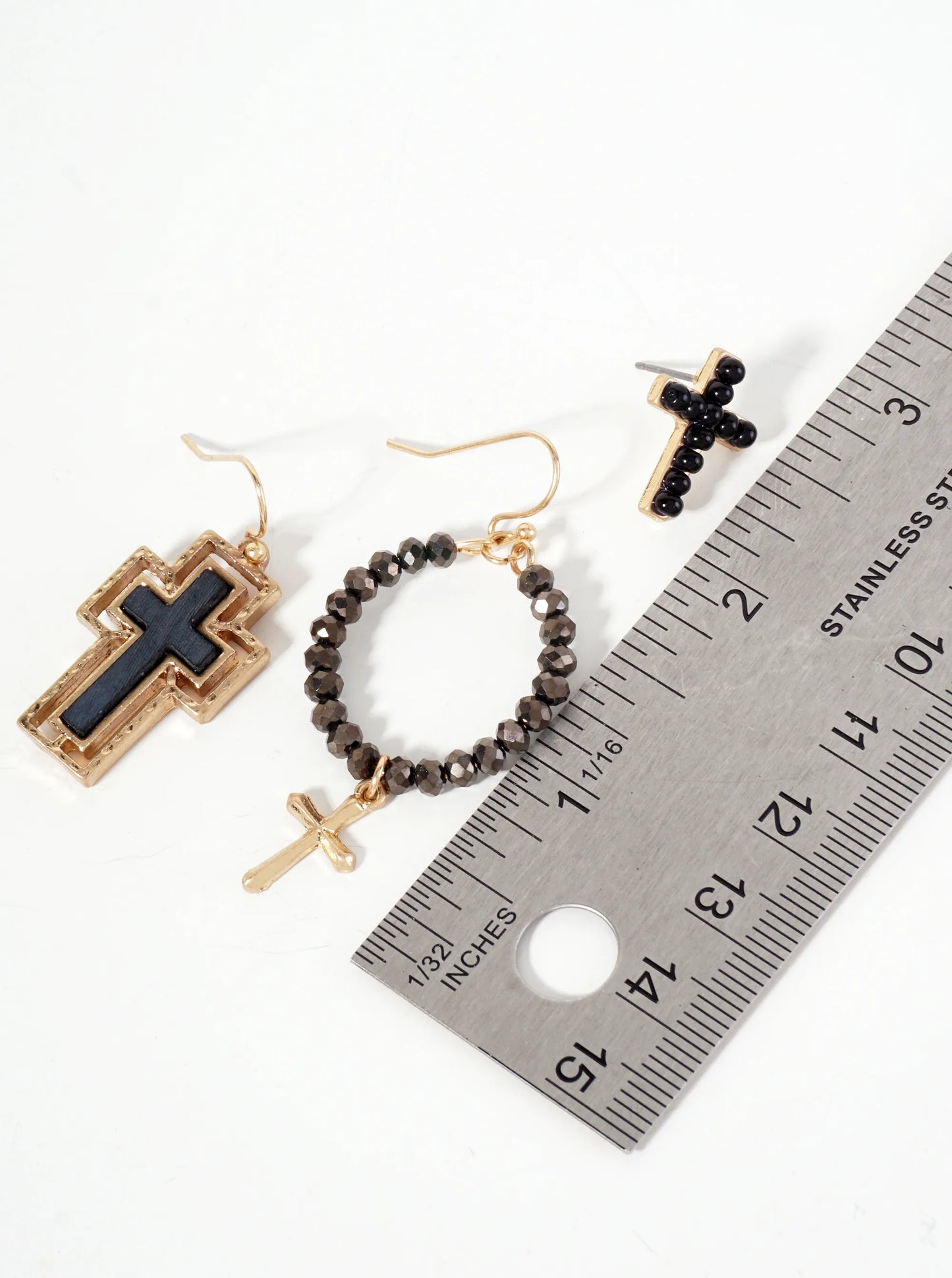 3PC-Set Semi-Precious Natural-Stone & Glass-Bead Cross Design Dangle Stud Earrings