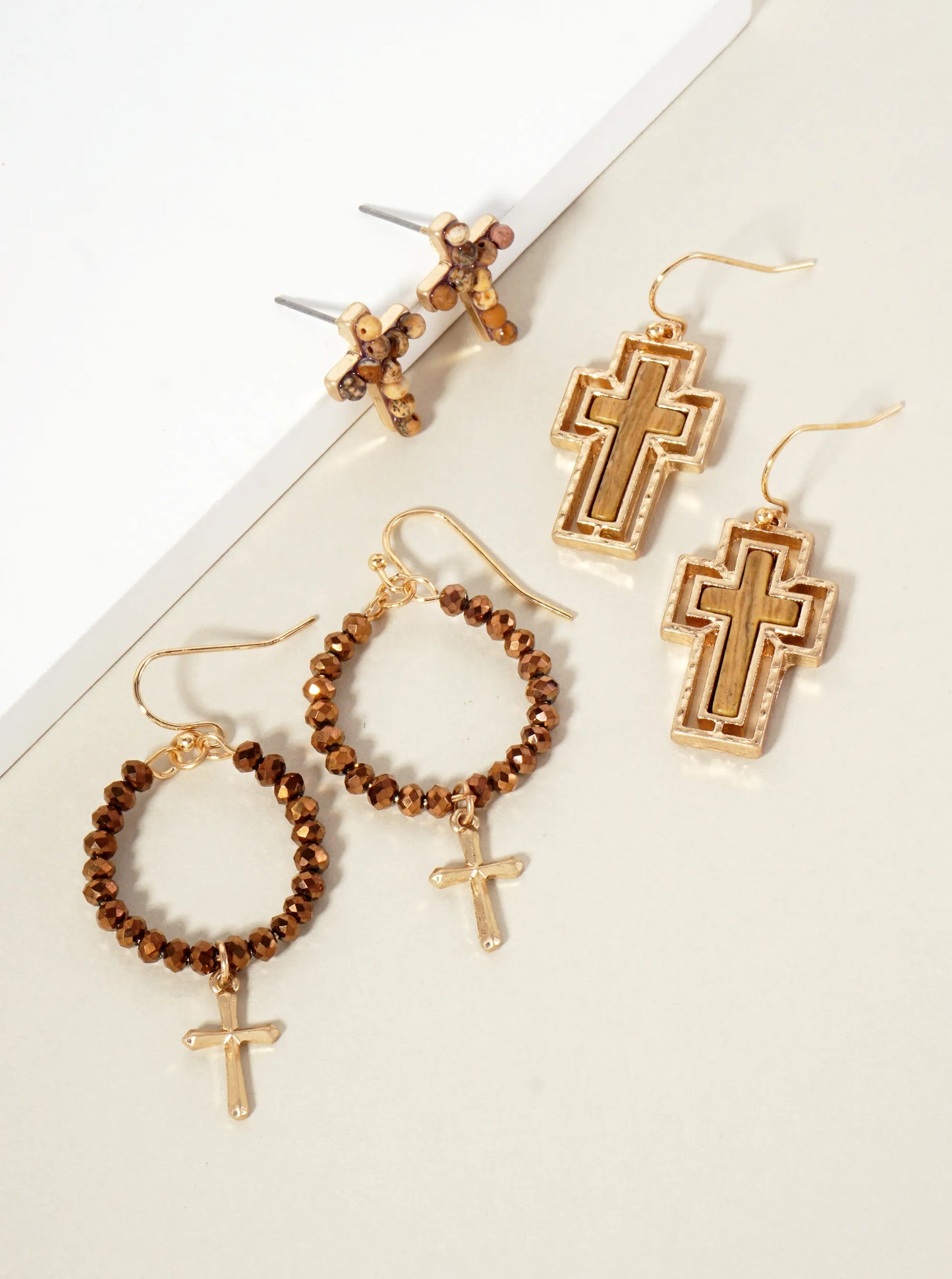 3PC-Set Semi-Precious Natural-Stone & Glass-Bead Cross Design Dangle Stud Earrings