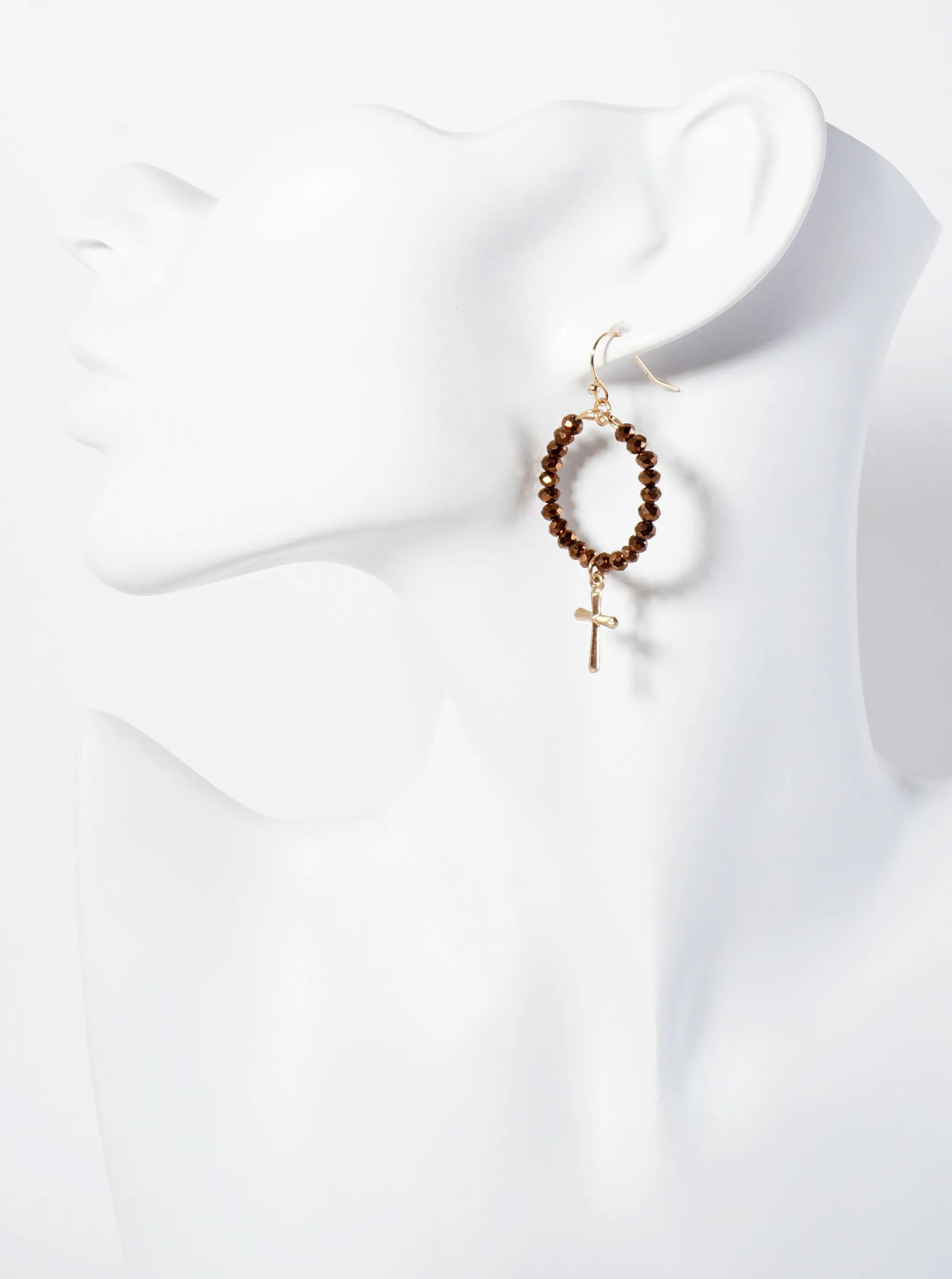 3PC-Set Semi-Precious Natural-Stone & Glass-Bead Cross Design Dangle Stud Earrings