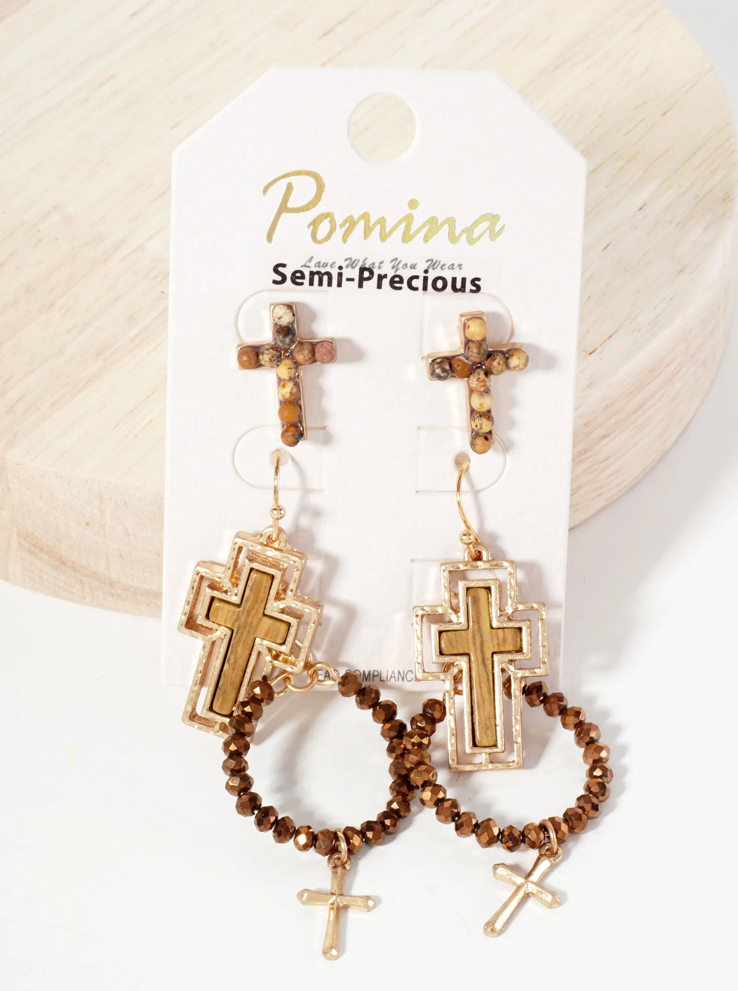 3PC-Set Semi-Precious Natural-Stone & Glass-Bead Cross Design Dangle Stud Earrings