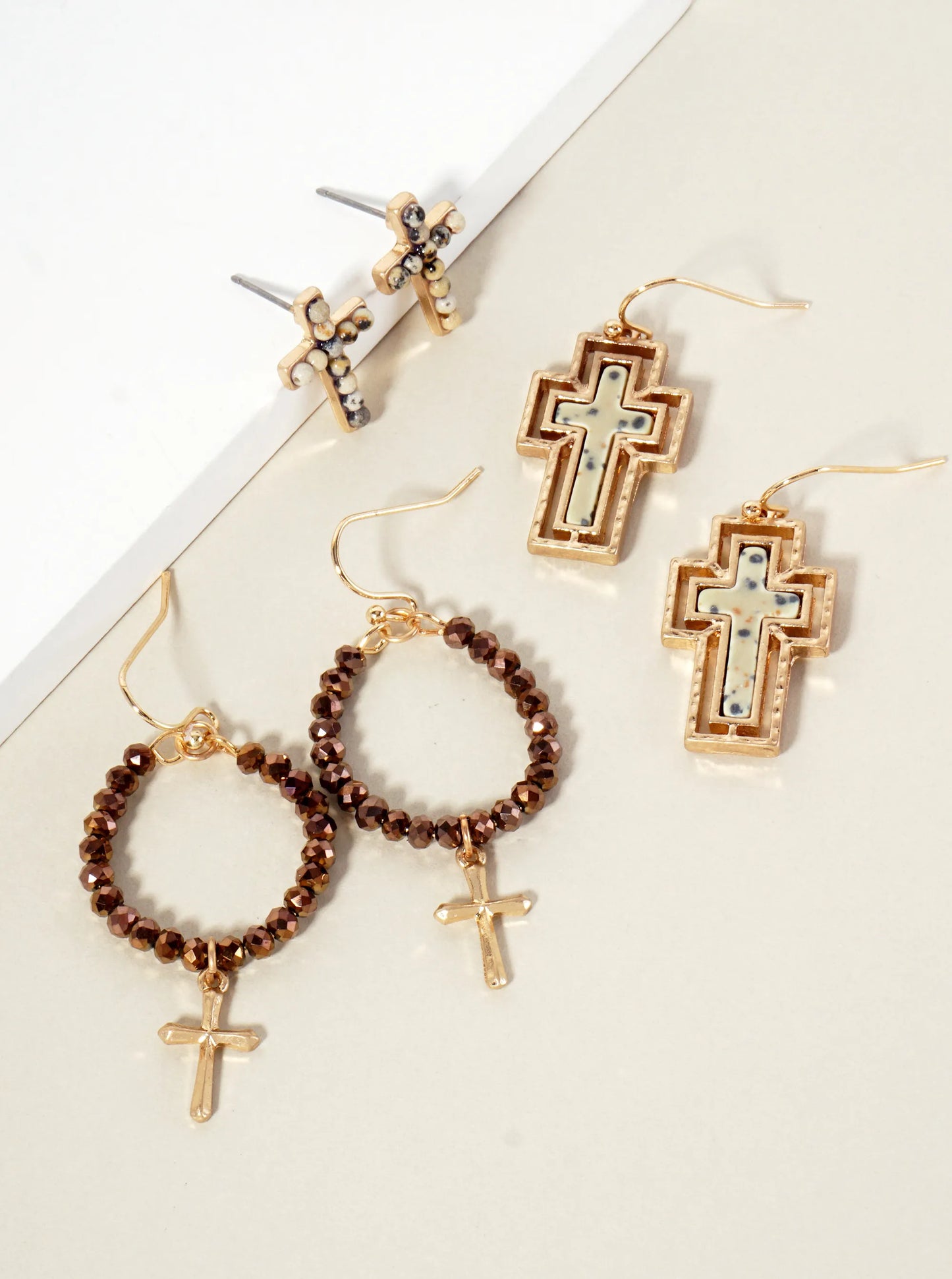 3PC-Set Semi-Precious Natural-Stone & Glass-Bead Cross Design Dangle Stud Earrings