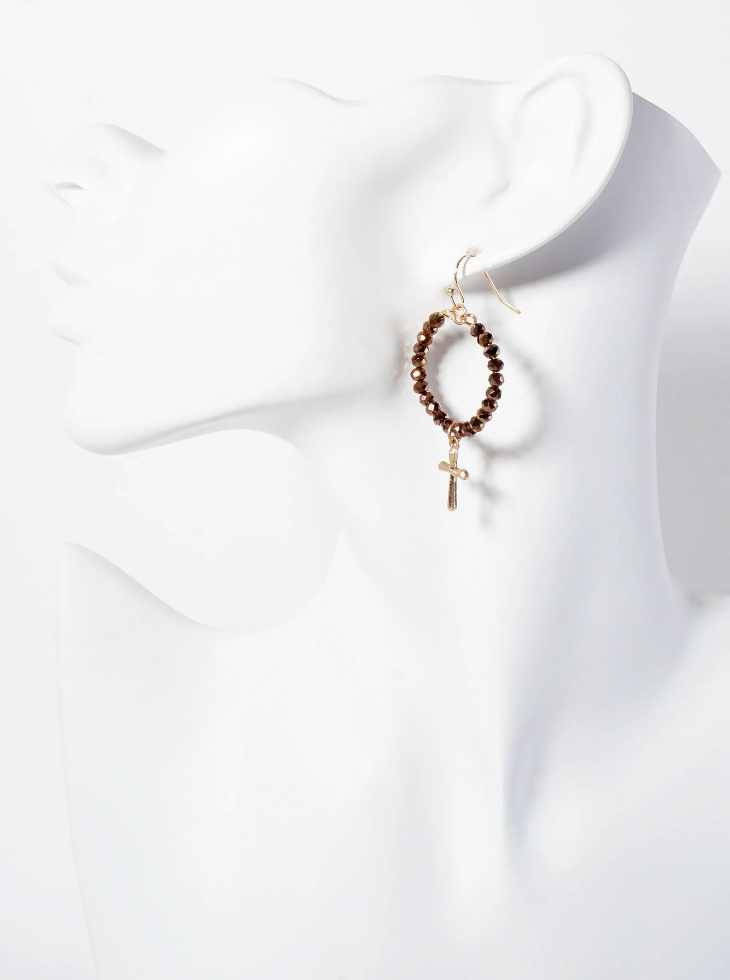 3PC-Set Semi-Precious Natural-Stone & Glass-Bead Cross Design Dangle Stud Earrings