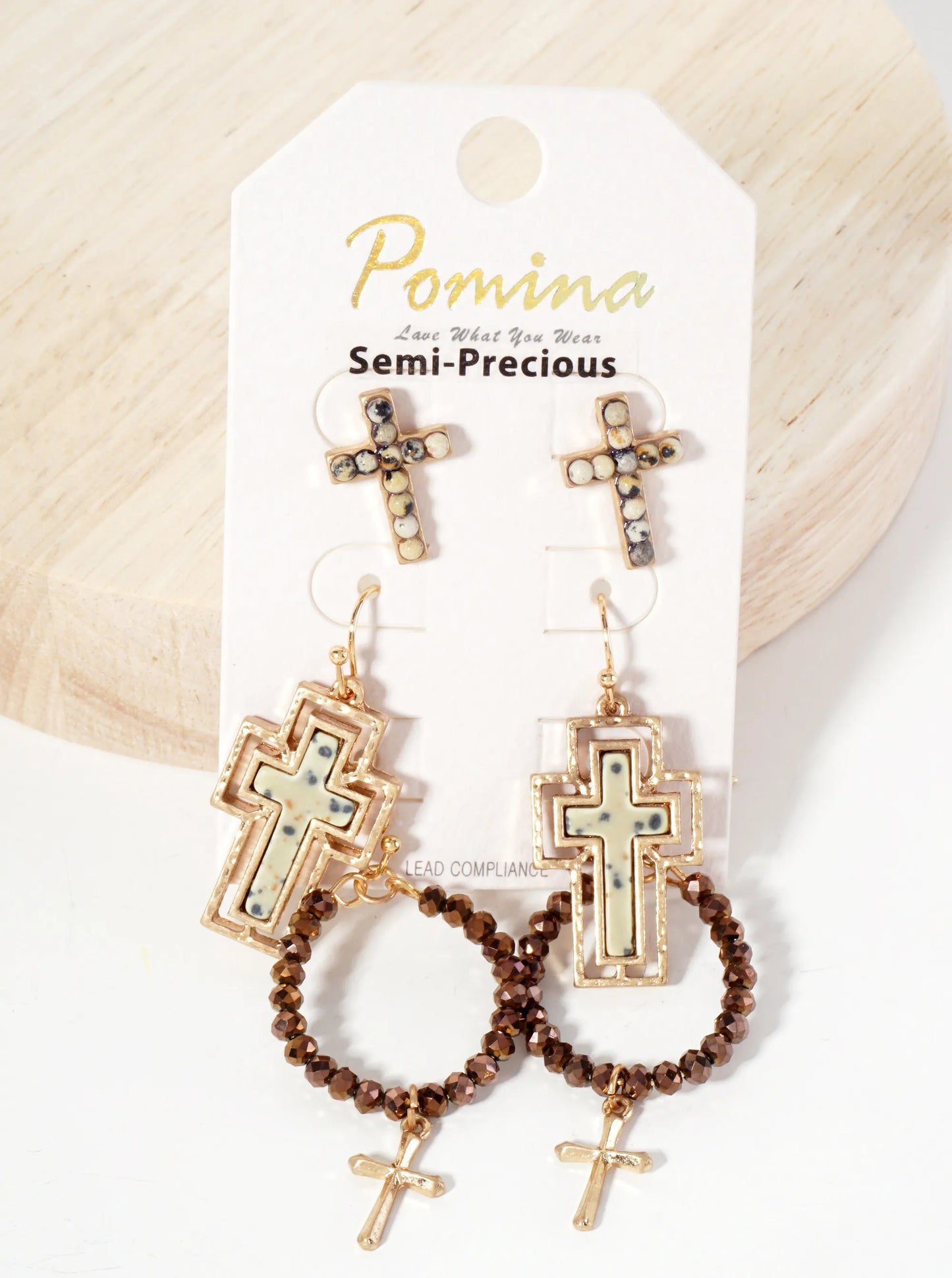 3PC-Set Semi-Precious Natural-Stone & Glass-Bead Cross Design Dangle Stud Earrings