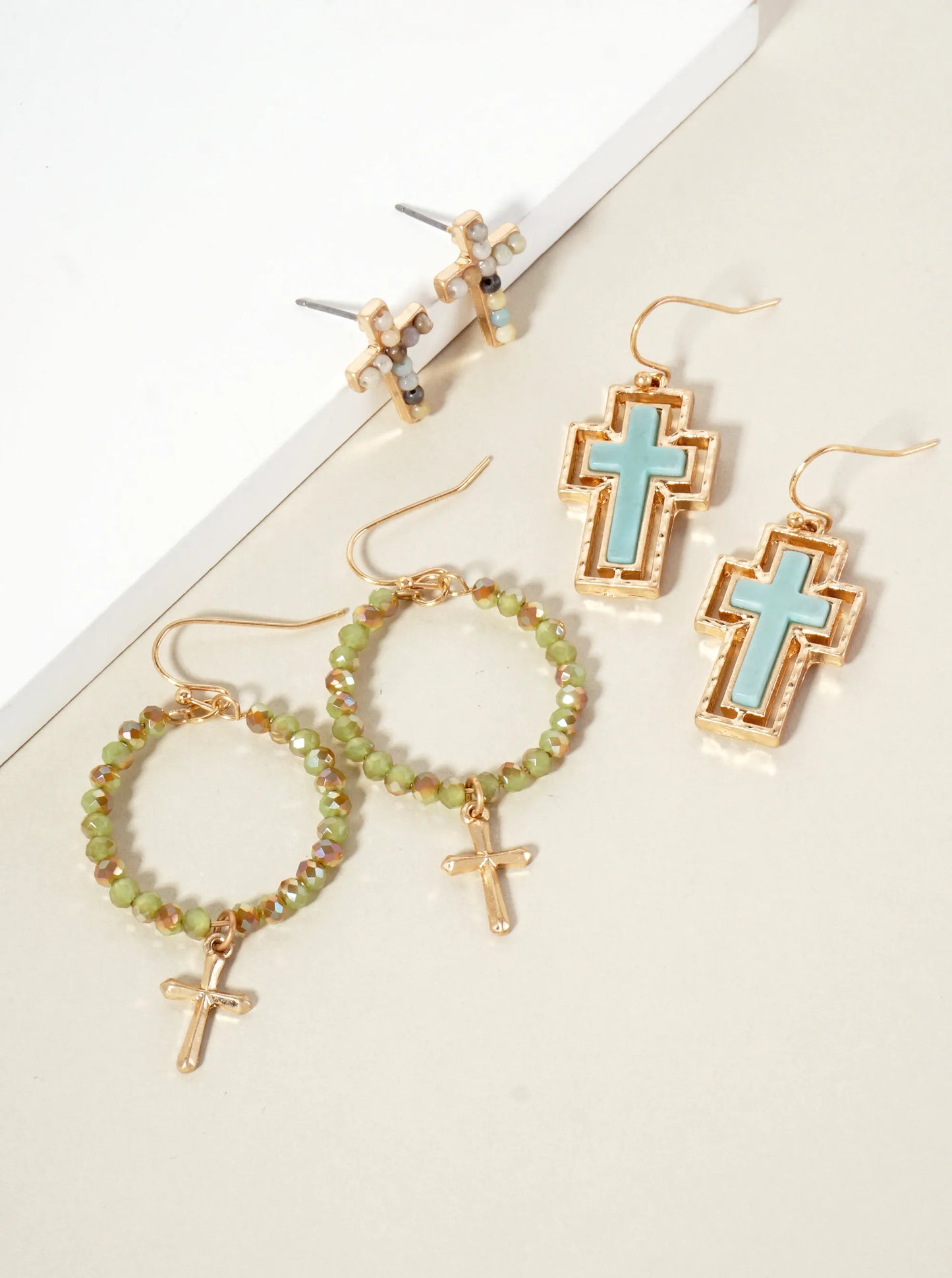 3PC-Set Semi-Precious Natural-Stone & Glass-Bead Cross Design Dangle Stud Earrings