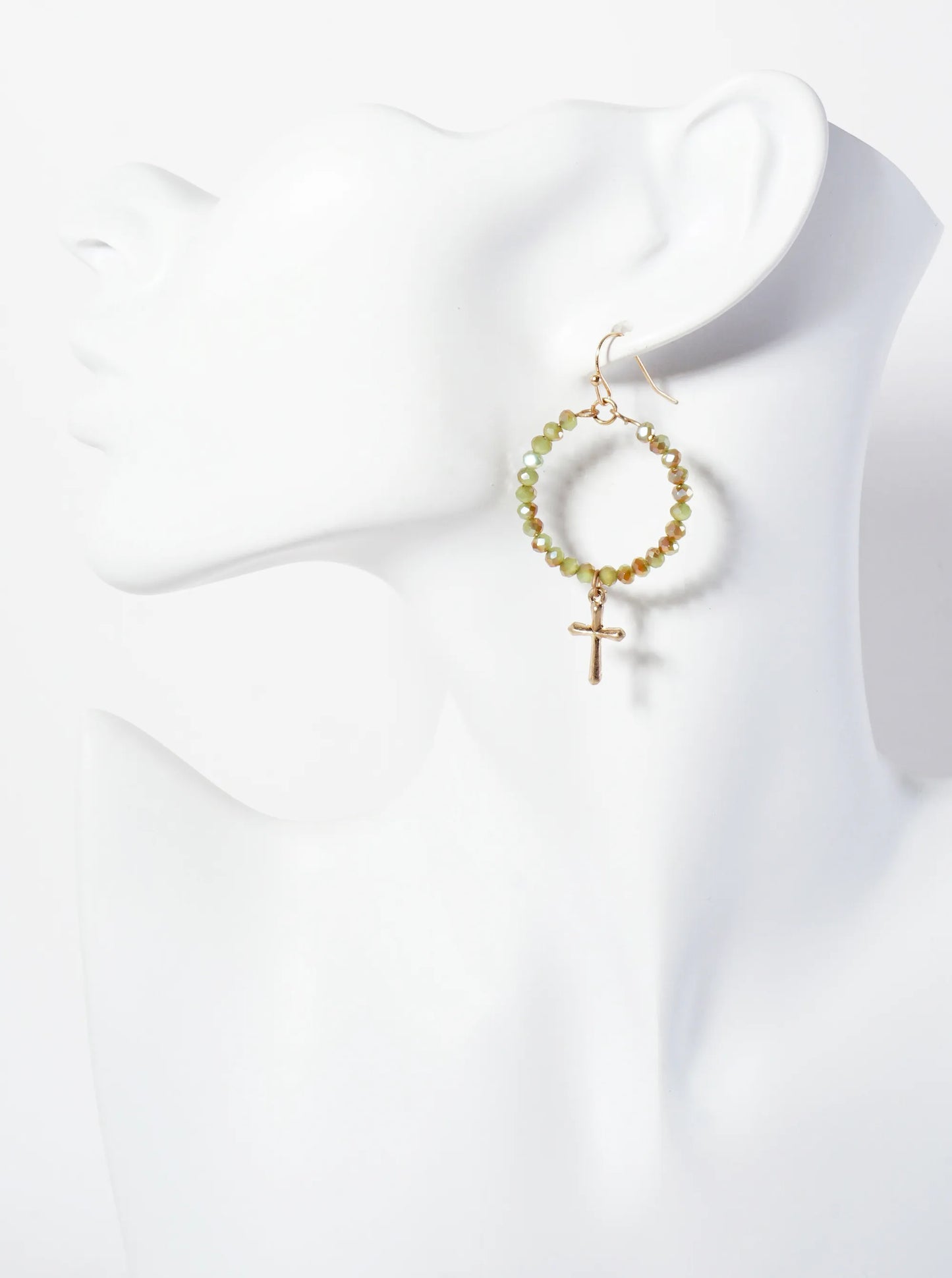 3PC-Set Semi-Precious Natural-Stone & Glass-Bead Cross Design Dangle Stud Earrings