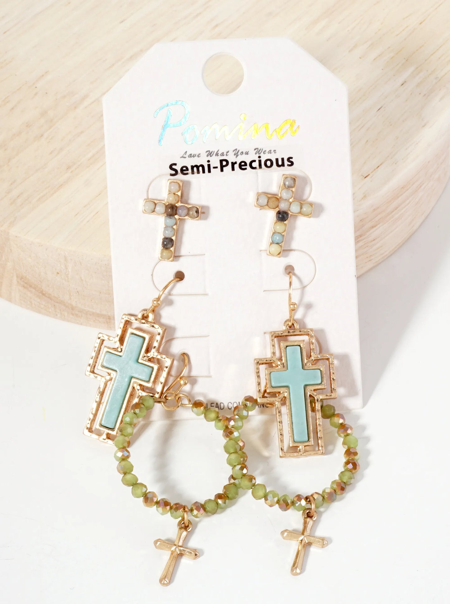 3PC-Set Semi-Precious Natural-Stone & Glass-Bead Cross Design Dangle Stud Earrings