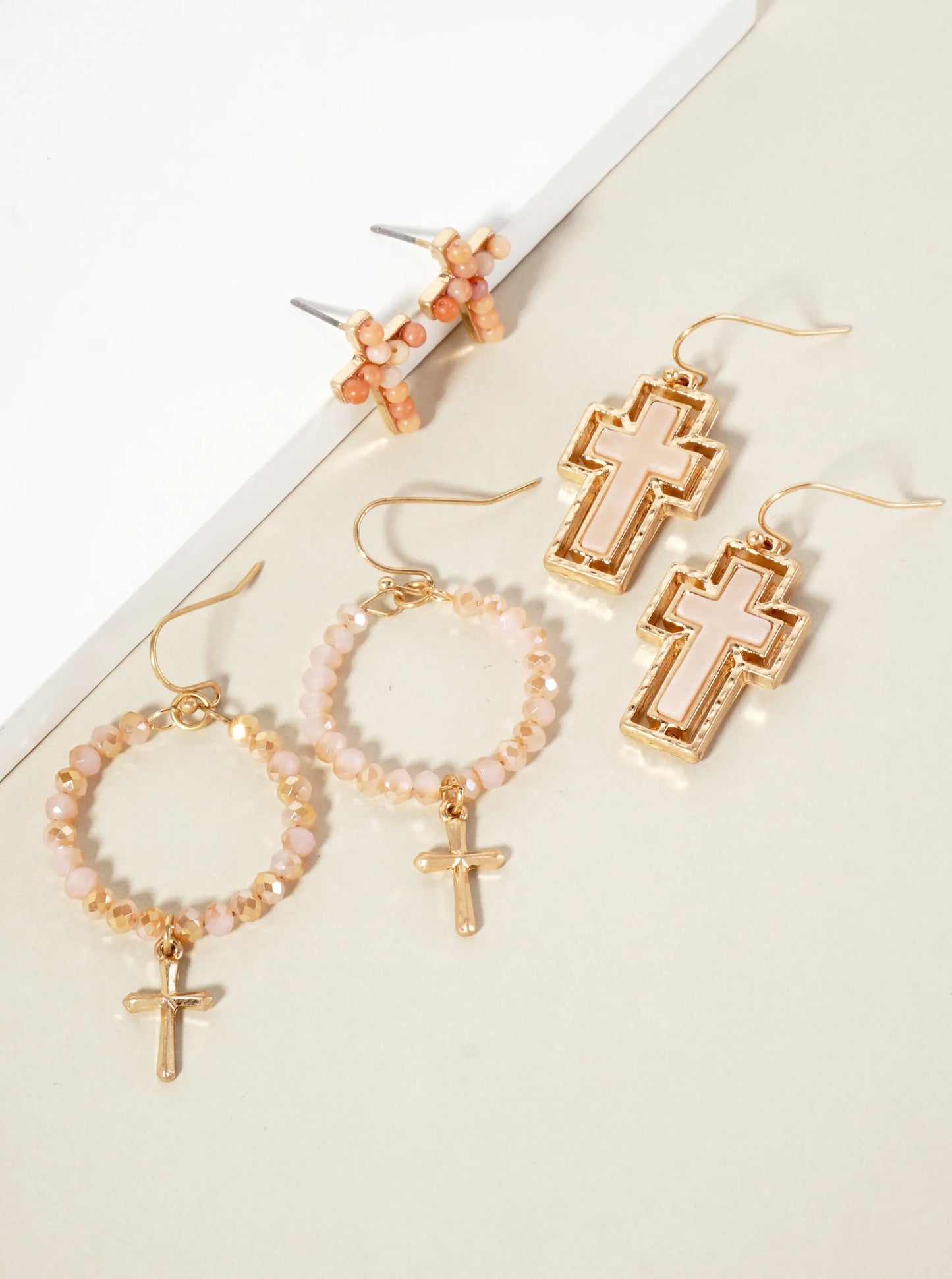 3PC-Set Semi-Precious Natural-Stone & Glass-Bead Cross Design Dangle Stud Earrings