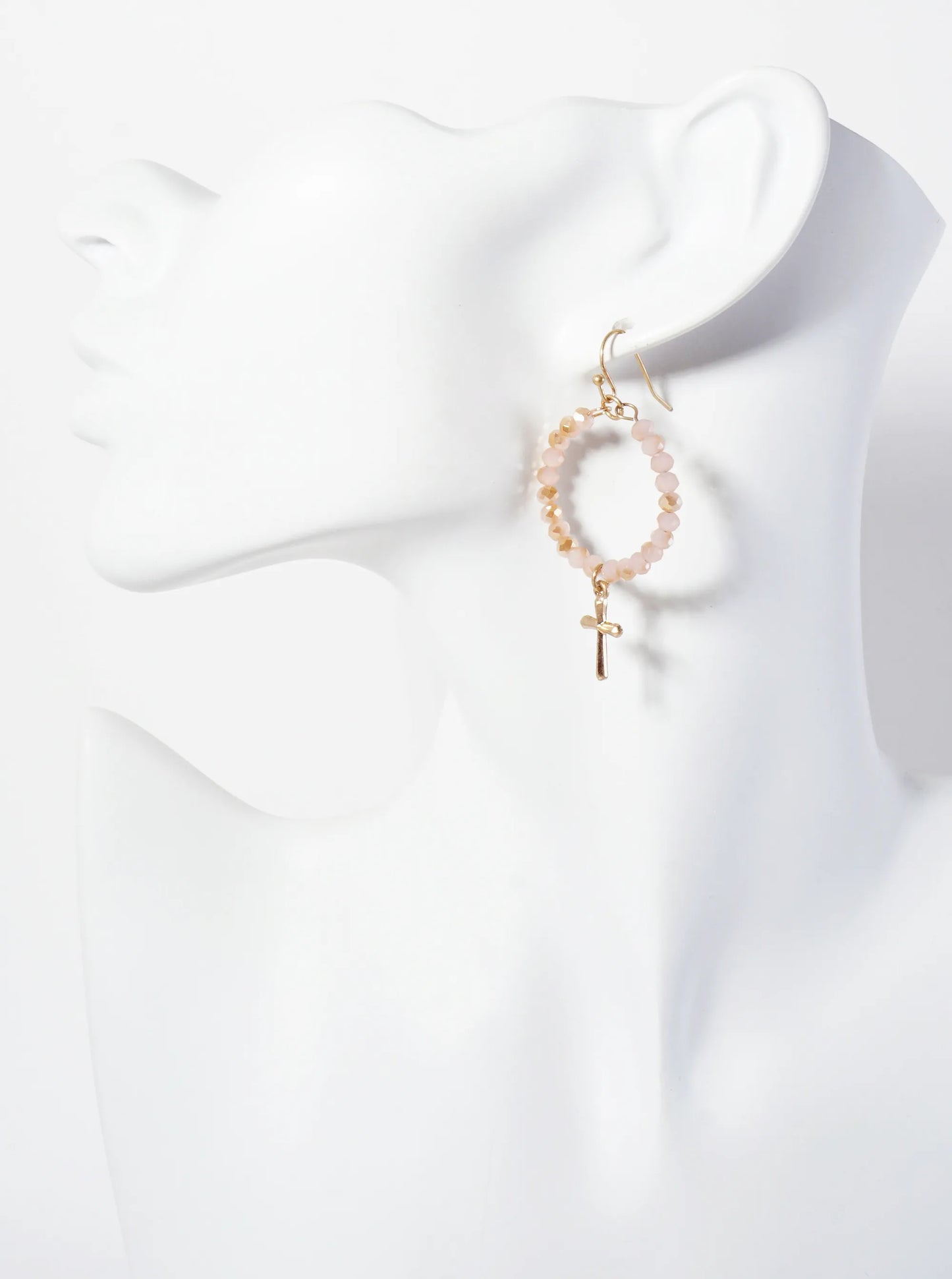 3PC-Set Semi-Precious Natural-Stone & Glass-Bead Cross Design Dangle Stud Earrings