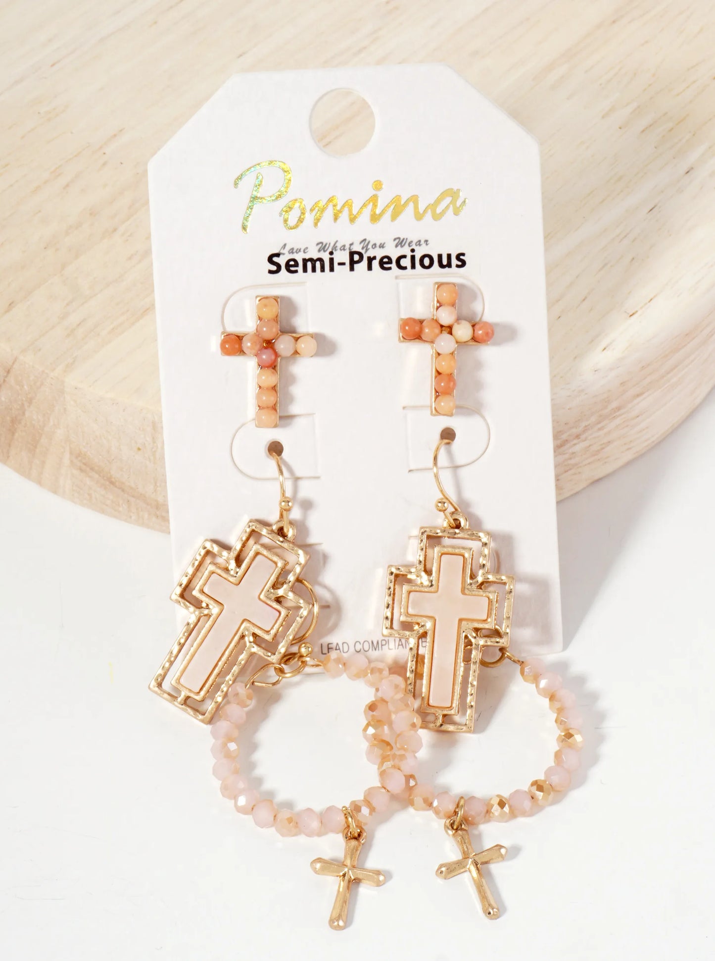 3PC-Set Semi-Precious Natural-Stone & Glass-Bead Cross Design Dangle Stud Earrings