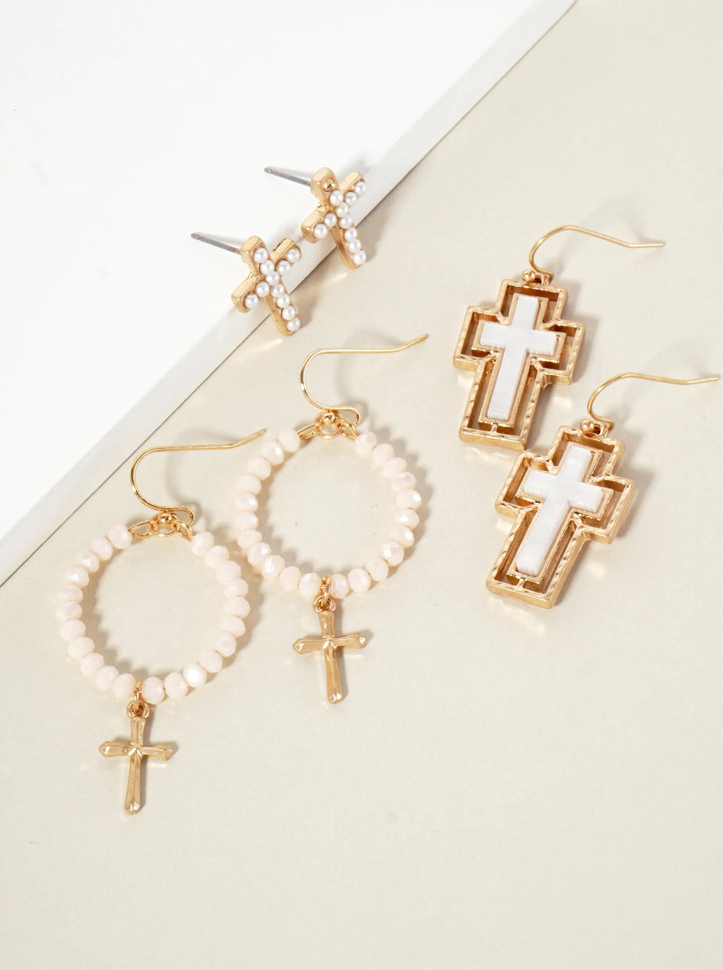 3PC-Set Semi-Precious Natural-Stone & Glass-Bead Cross Design Dangle Stud Earrings