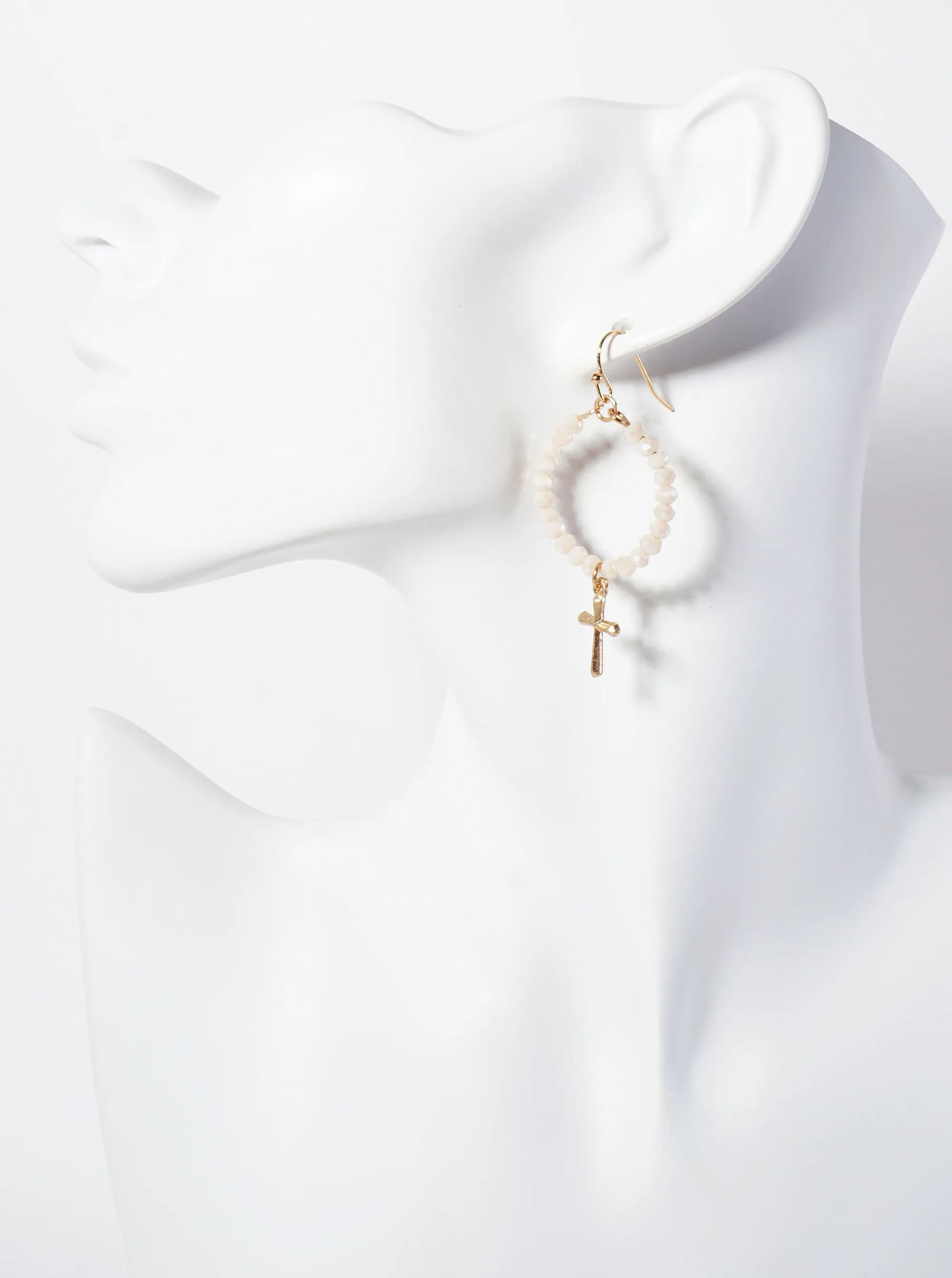 3PC-Set Semi-Precious Natural-Stone & Glass-Bead Cross Design Dangle Stud Earrings