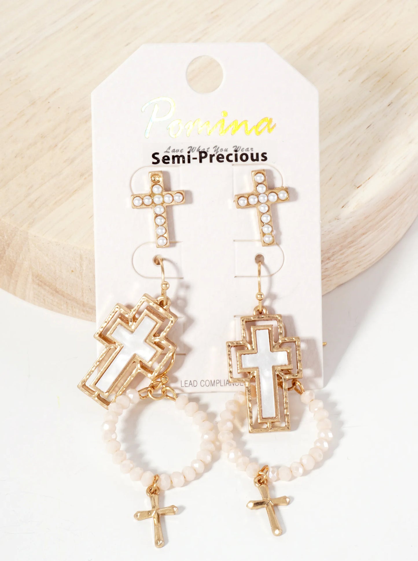 3PC-Set Semi-Precious Natural-Stone & Glass-Bead Cross Design Dangle Stud Earrings