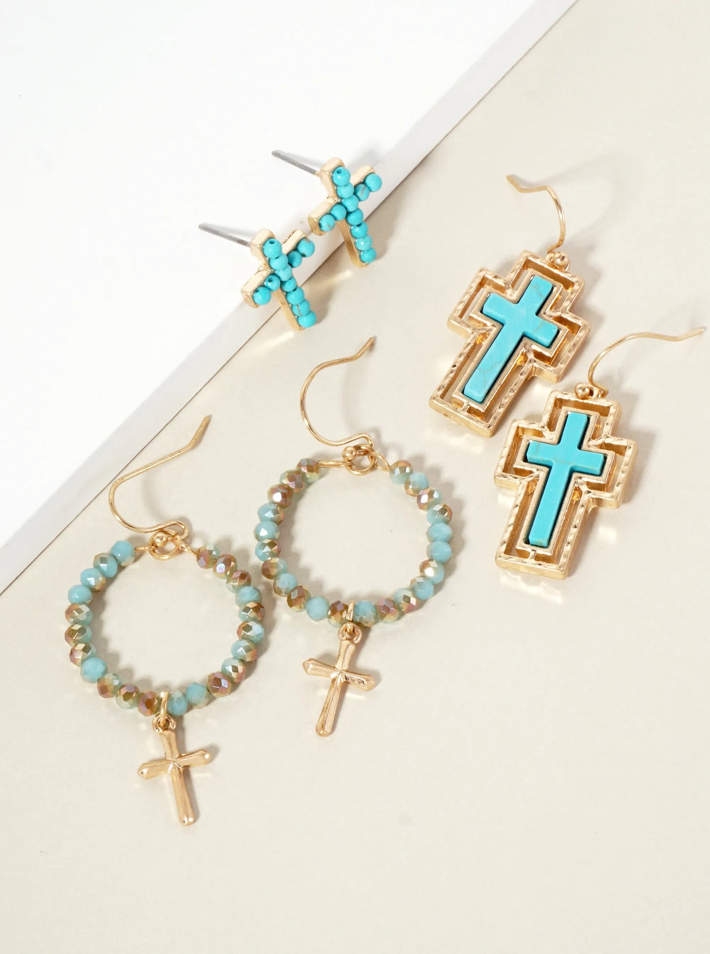 3PC-Set Semi-Precious Natural-Stone & Glass-Bead Cross Design Dangle Stud Earrings