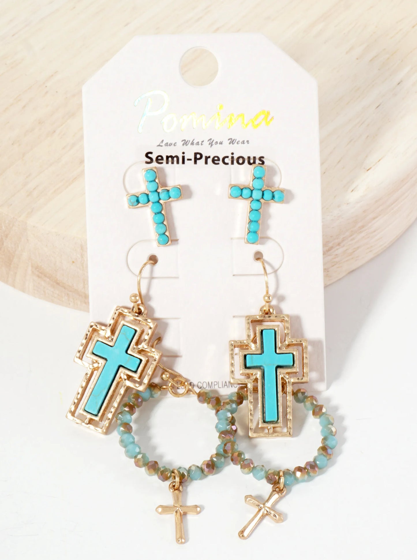 3PC-Set Semi-Precious Natural-Stone & Glass-Bead Cross Design Dangle Stud Earrings