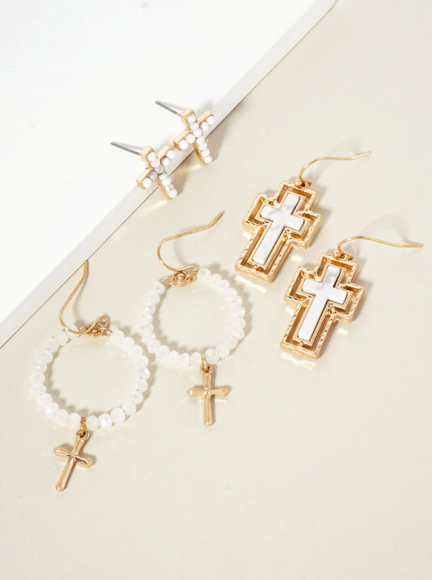 3PC-Set Semi-Precious Natural-Stone & Glass-Bead Cross Design Dangle Stud Earrings