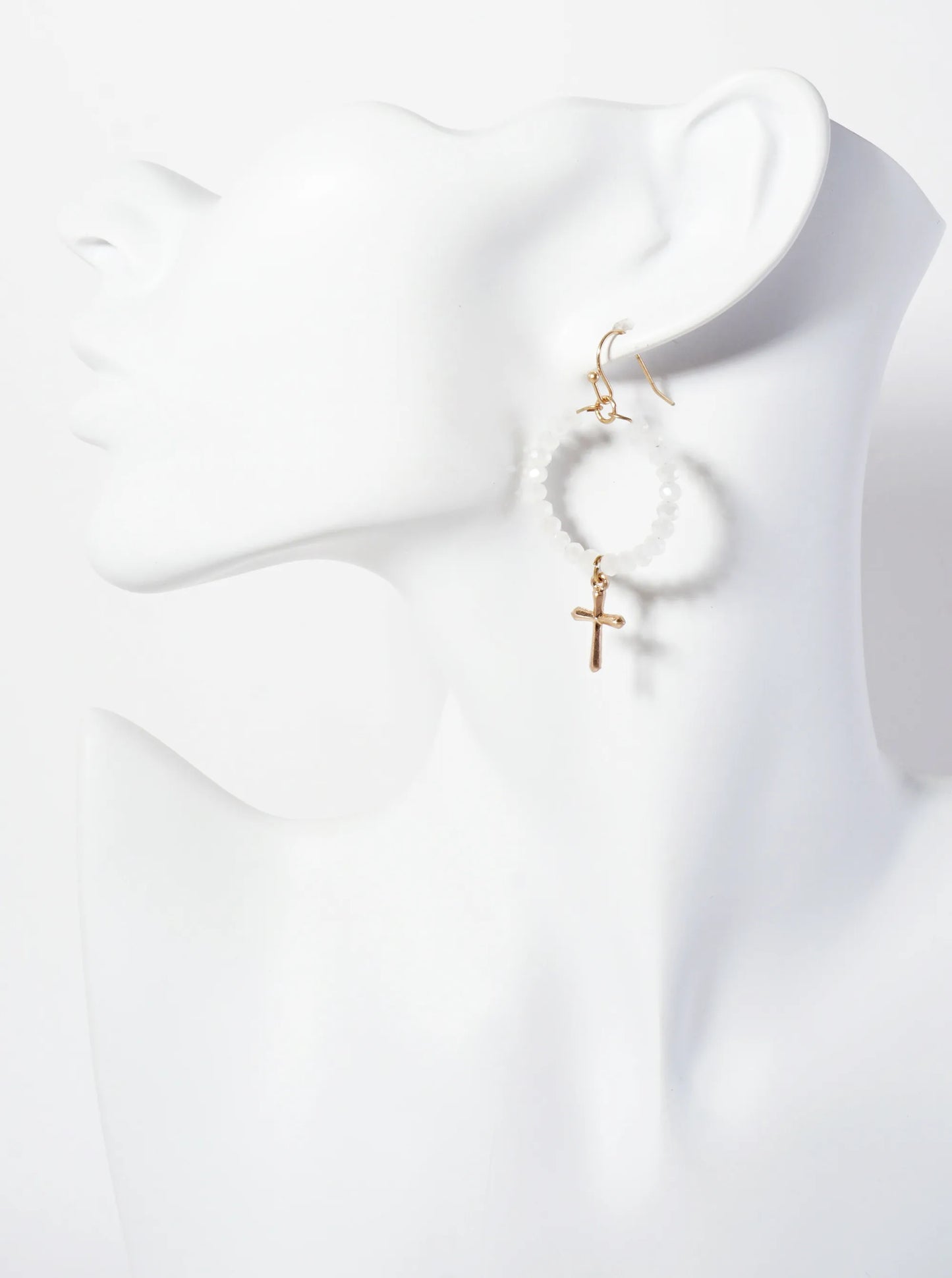 3PC-Set Semi-Precious Natural-Stone & Glass-Bead Cross Design Dangle Stud Earrings