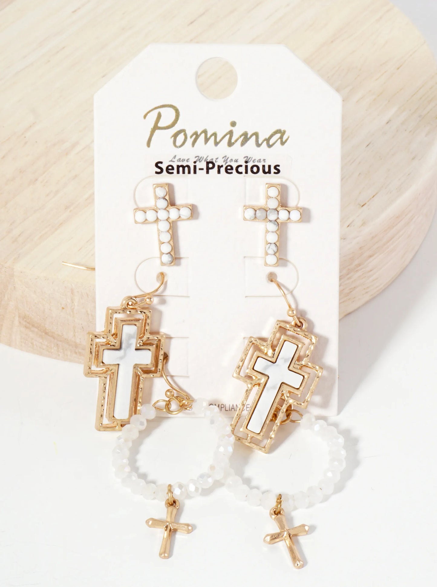 3PC-Set Semi-Precious Natural-Stone & Glass-Bead Cross Design Dangle Stud Earrings