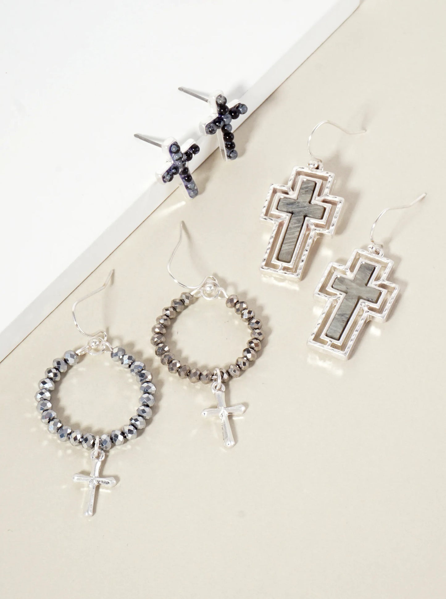 3PC-Set Semi-Precious Natural-Stone & Glass-Bead Cross Design Dangle Stud Earrings