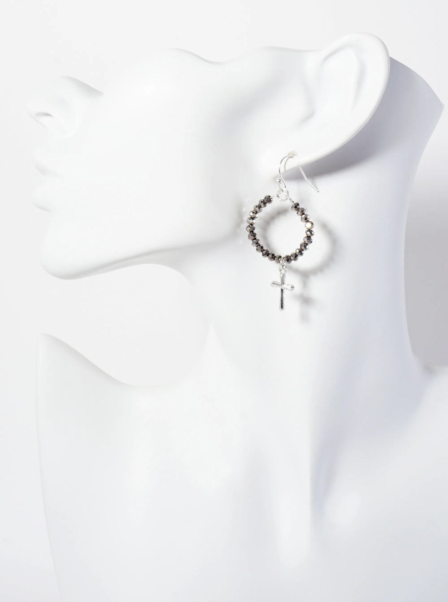 3PC-Set Semi-Precious Natural-Stone & Glass-Bead Cross Design Dangle Stud Earrings