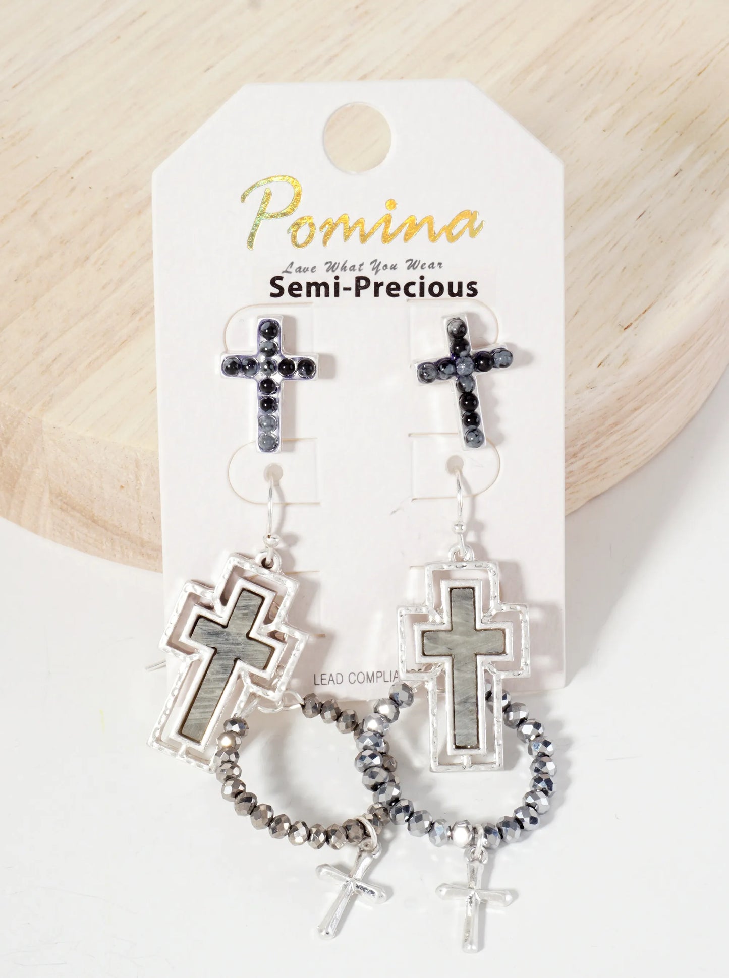 3PC-Set Semi-Precious Natural-Stone & Glass-Bead Cross Design Dangle Stud Earrings
