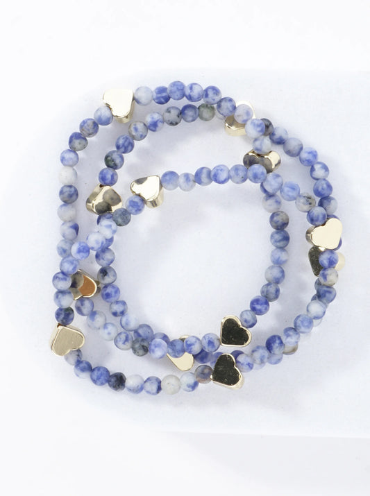 3PC-Set Semiprecious Hearts Stretch Bracelets