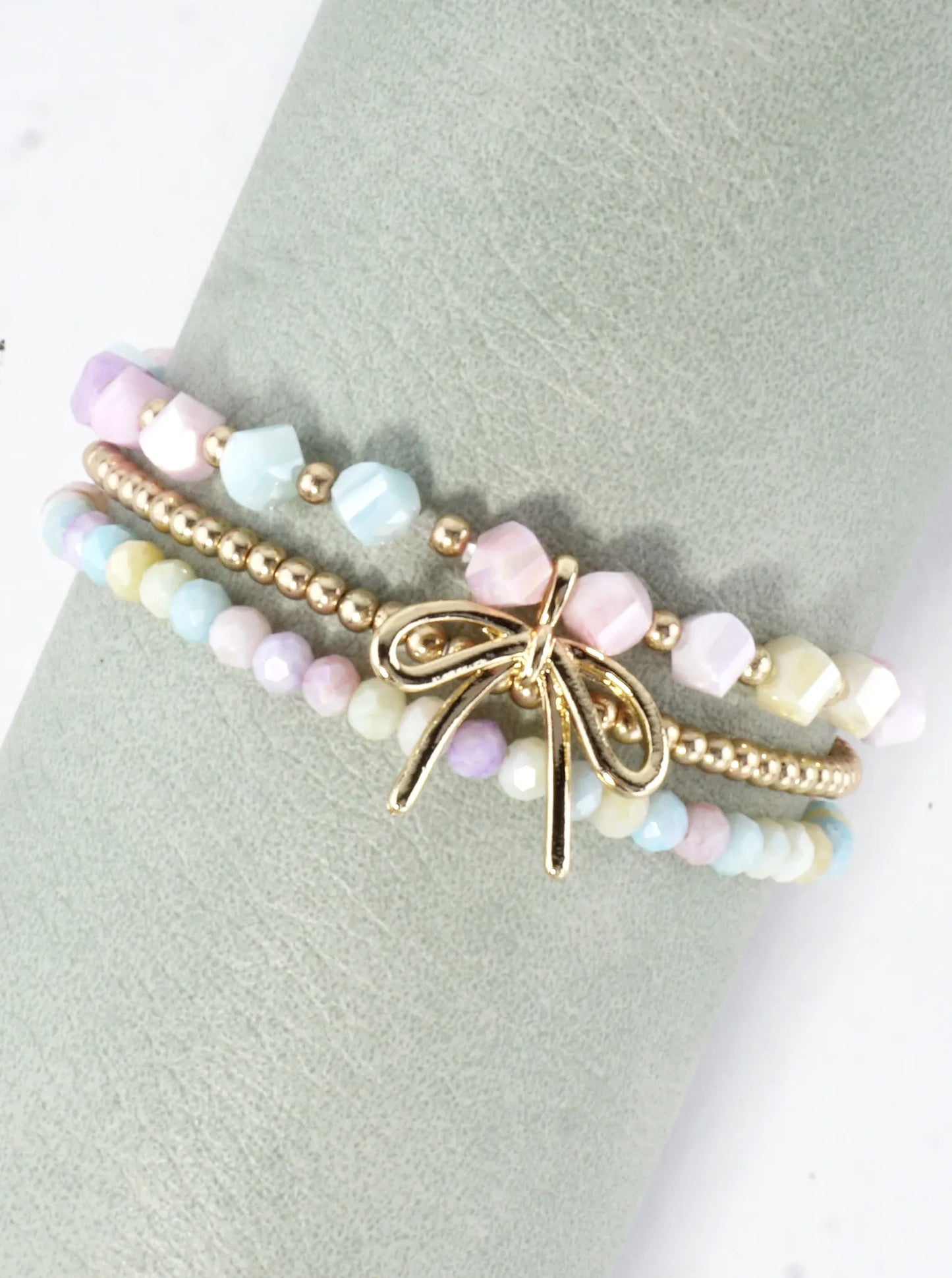 3PC-Set Spring Glass Stretch Bracelets Ribbon Bow