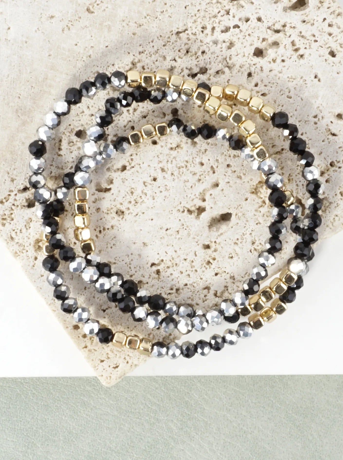 3PC-Set Square Metallic Glass Beads Bracelets