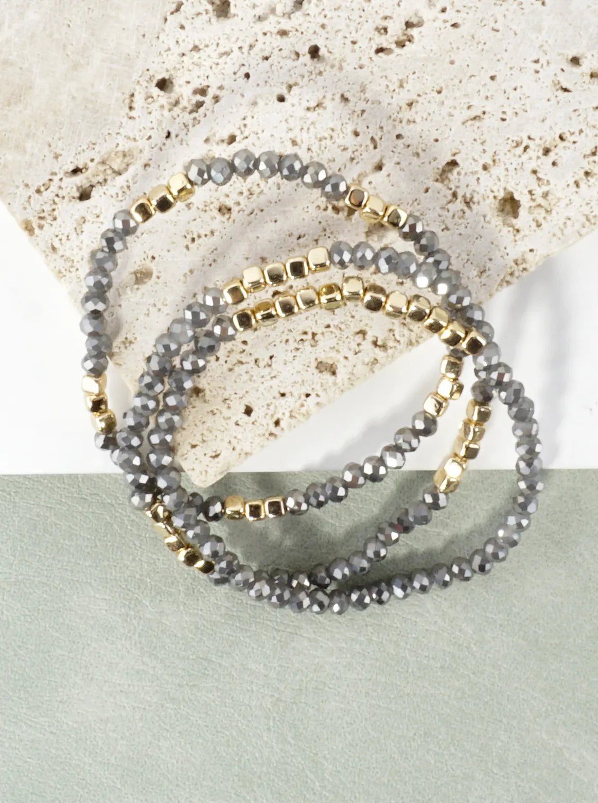 3PC-Set Square Metallic Glass Beads Bracelets