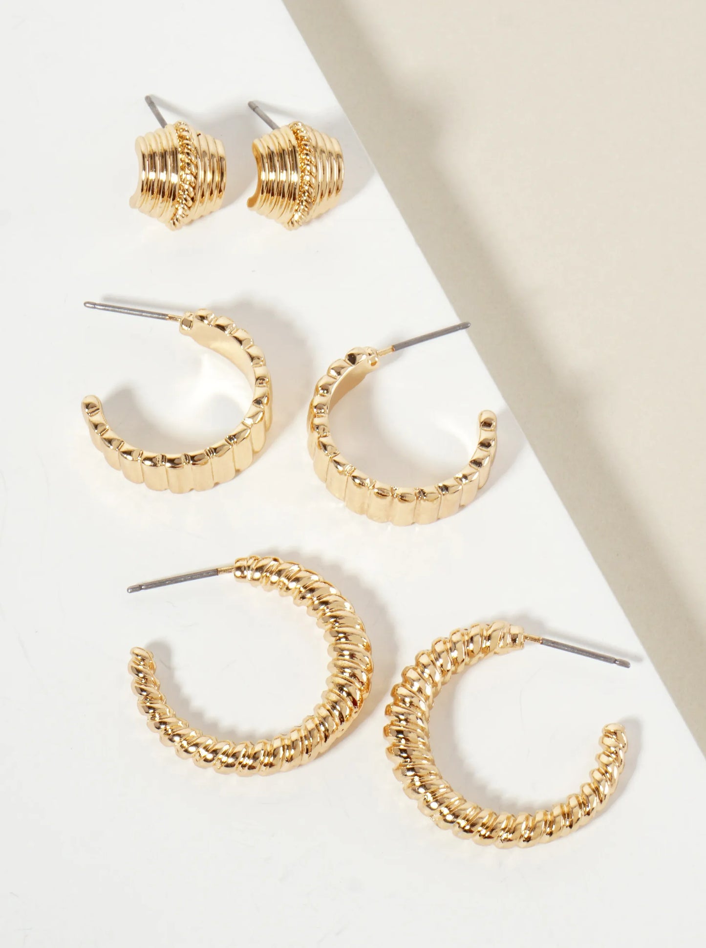 3PC-Set Textured Metal Stud Hoop Earrings