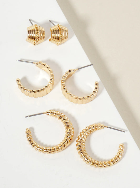 3PC-Set Textured Metal Stud Hoop Earrings