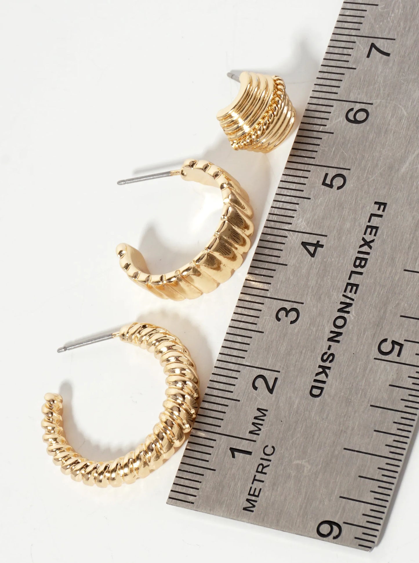 3PC-Set Textured Metal Stud Hoop Earrings