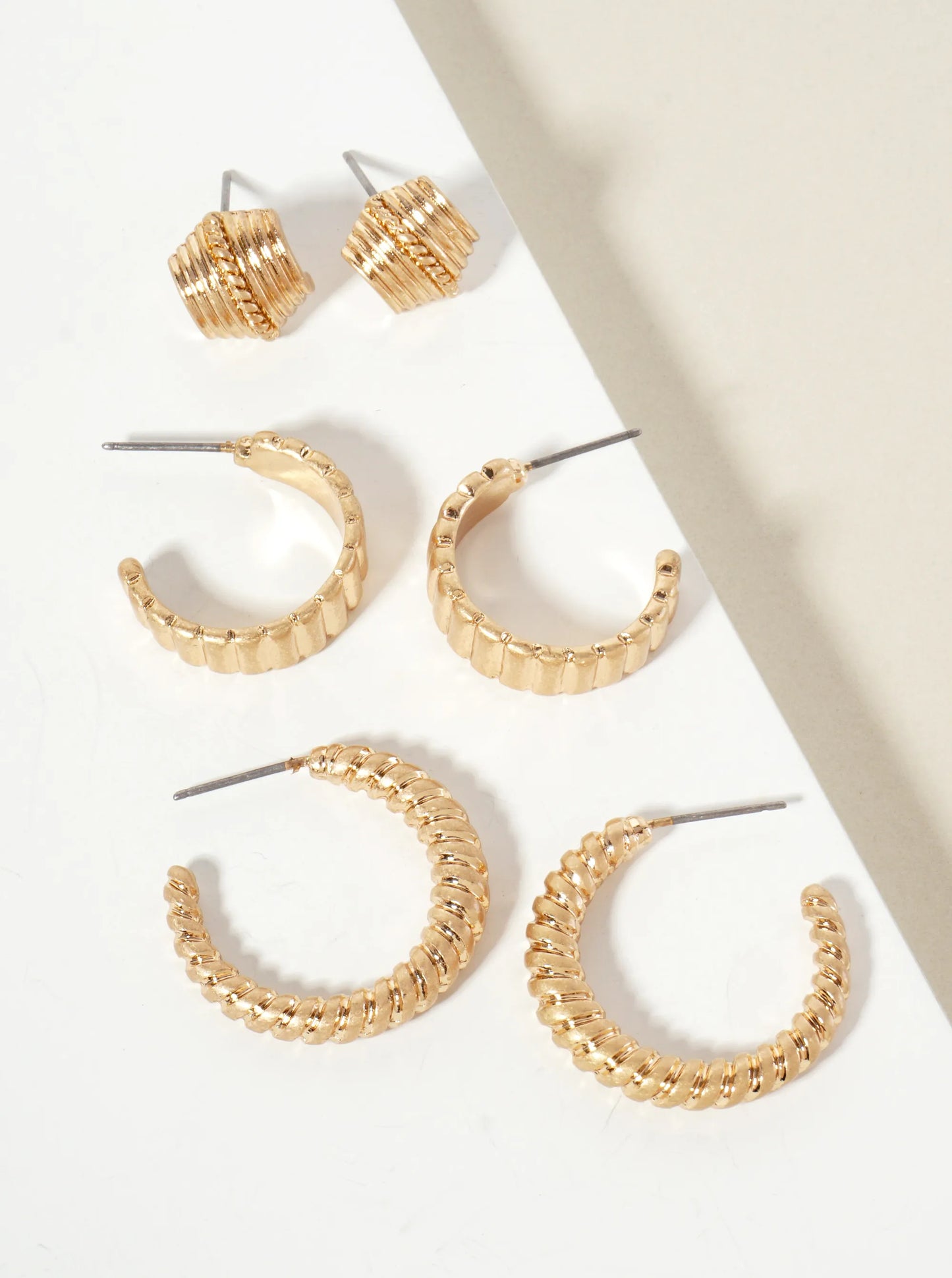 3PC-Set Textured Metal Stud Hoop Earrings