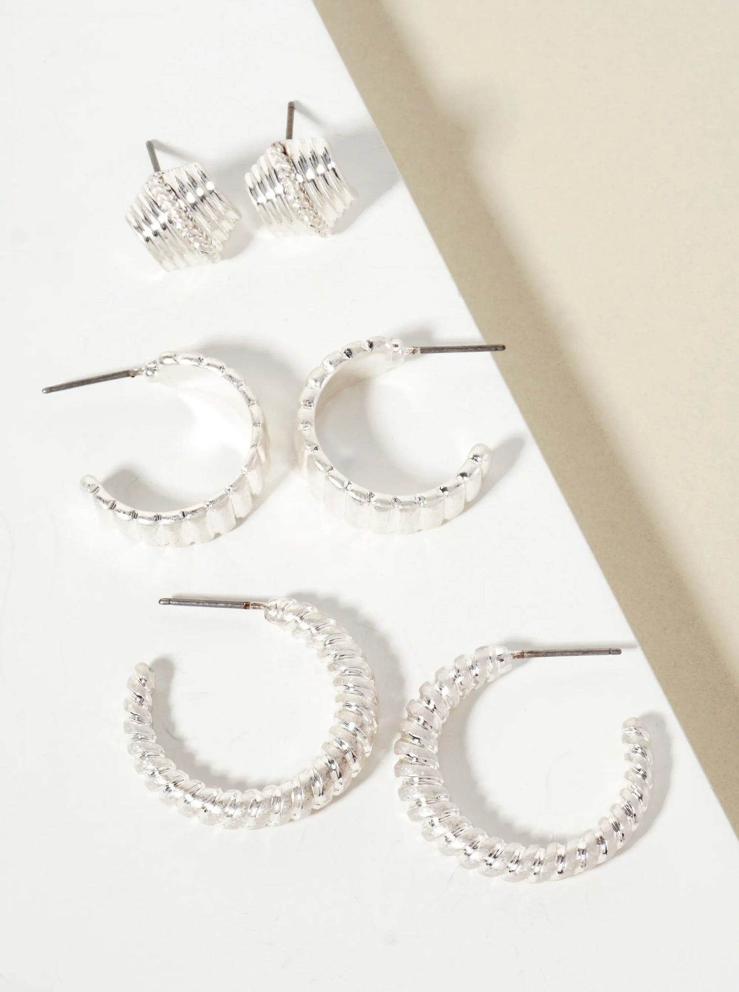 3PC-Set Textured Metal Stud Hoop Earrings